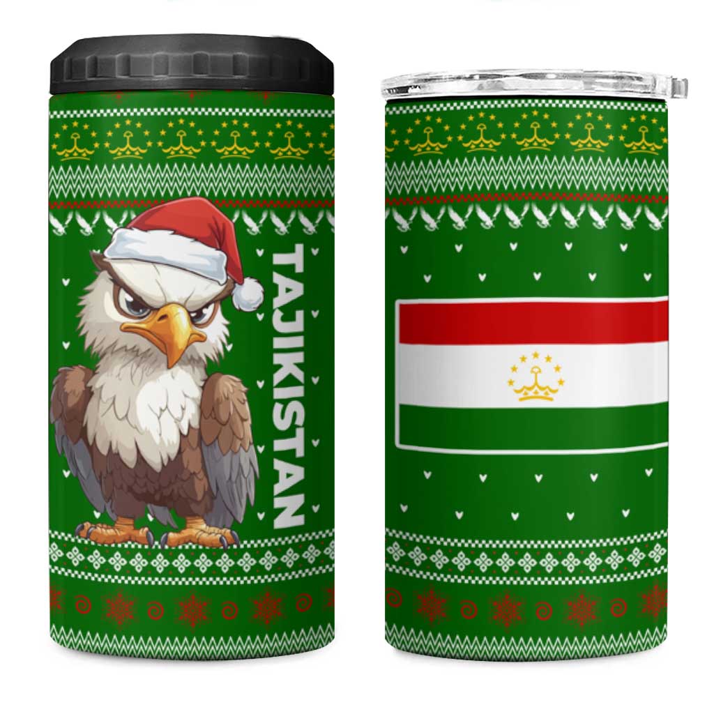 Tajikistan Christmas 4 in 1 Can Cooler Tumbler with Santa Hat Eagle Green Snowflake Pattern and Holiday Design - Wonder Print Shop