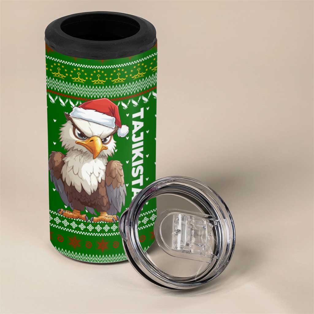 Tajikistan Christmas 4 in 1 Can Cooler Tumbler with Santa Hat Eagle Green Snowflake Pattern and Holiday Design - Wonder Print Shop