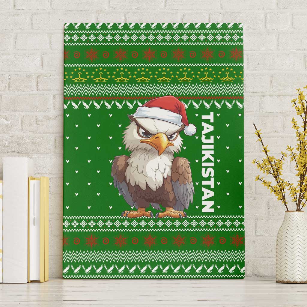 Tajikistan Christmas Canvas Wall Art with Santa Hat Eagle Green Snowflake Pattern and Holiday Design - Wonder Print Shop