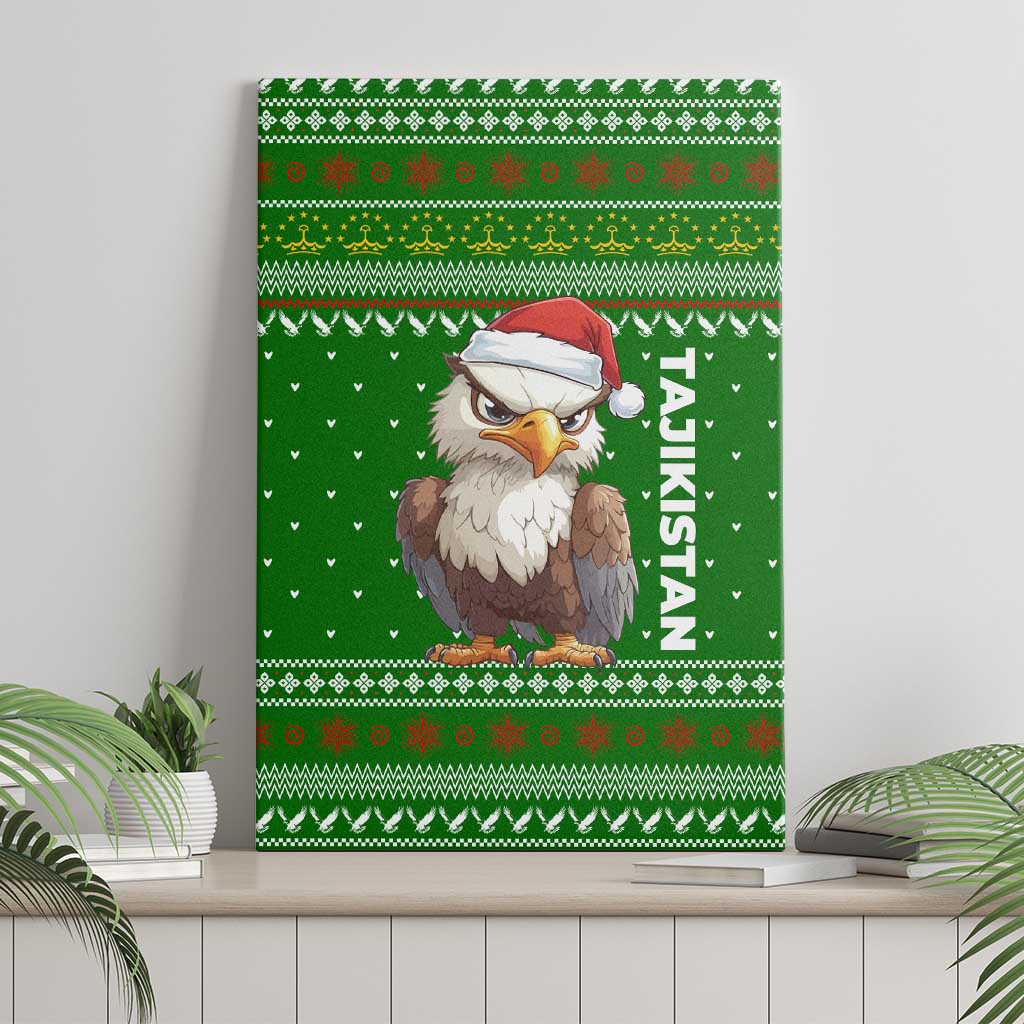 Tajikistan Christmas Canvas Wall Art with Santa Hat Eagle Green Snowflake Pattern and Holiday Design - Wonder Print Shop