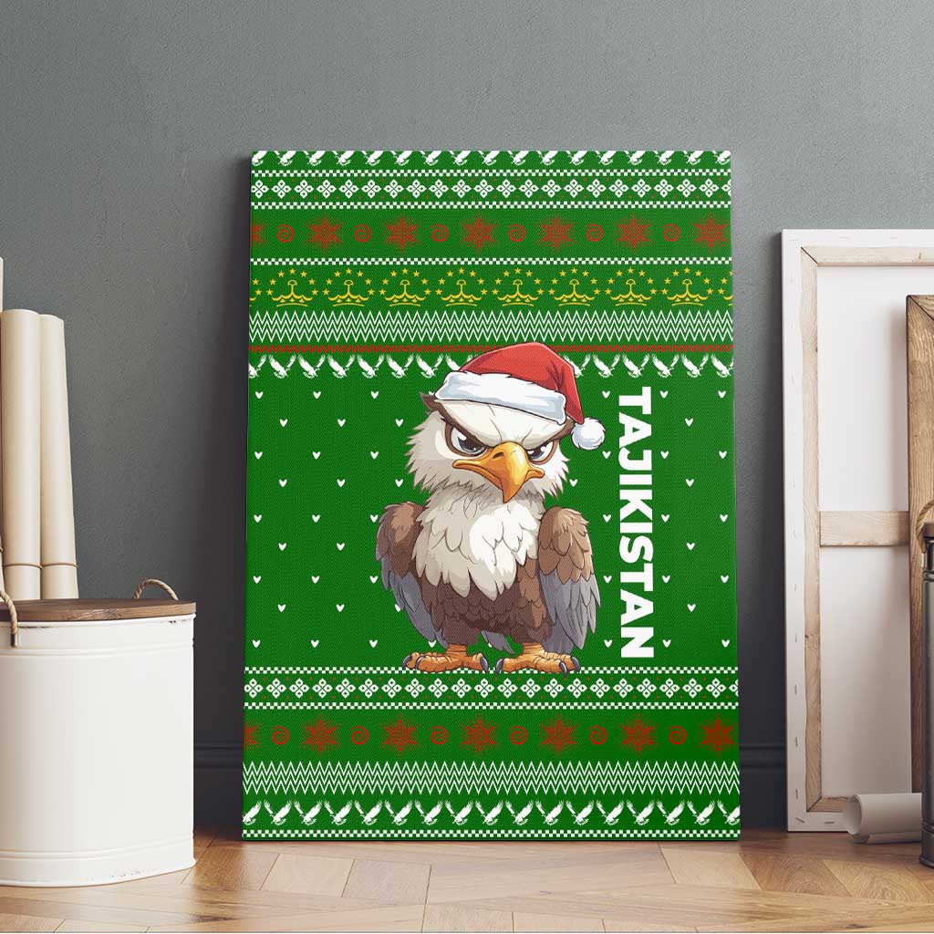 Tajikistan Christmas Canvas Wall Art with Santa Hat Eagle Green Snowflake Pattern and Holiday Design - Wonder Print Shop