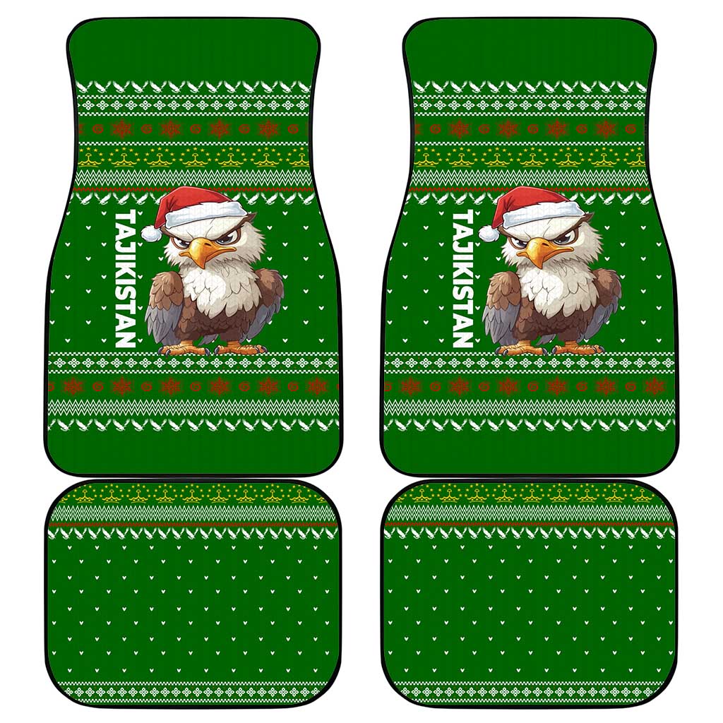 Tajikistan Christmas Car Mats with Santa Hat Eagle Green Snowflake Pattern and Holiday Design - Wonder Print Shop