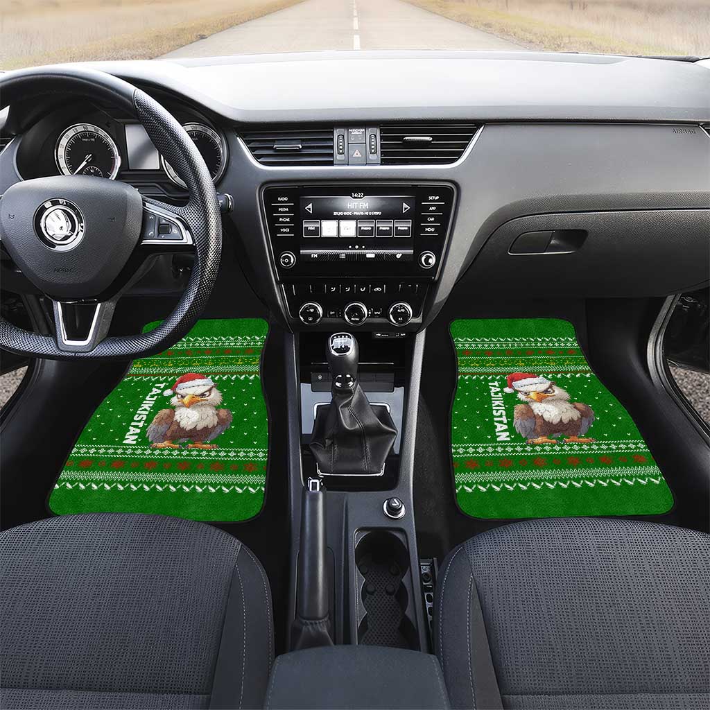 Tajikistan Christmas Car Mats with Santa Hat Eagle Green Snowflake Pattern and Holiday Design - Wonder Print Shop
