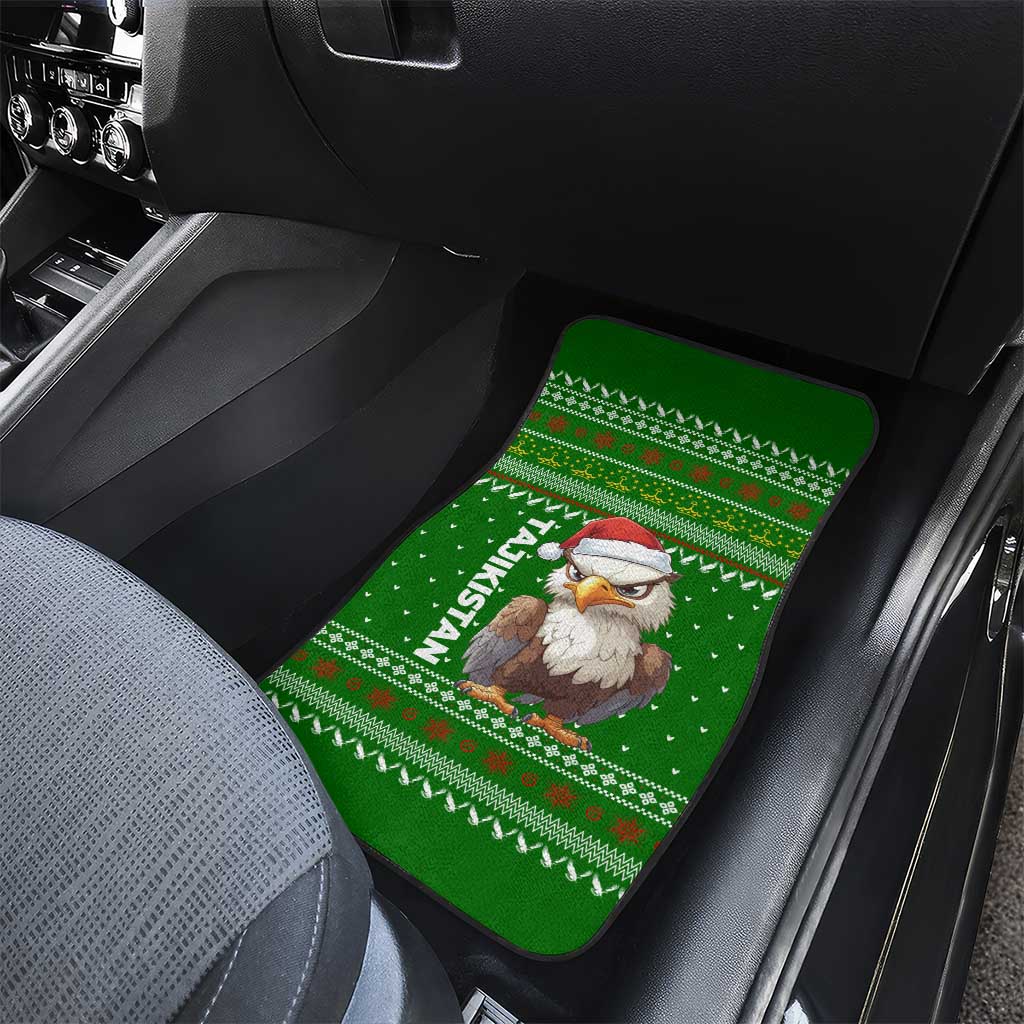 Tajikistan Christmas Car Mats with Santa Hat Eagle Green Snowflake Pattern and Holiday Design - Wonder Print Shop