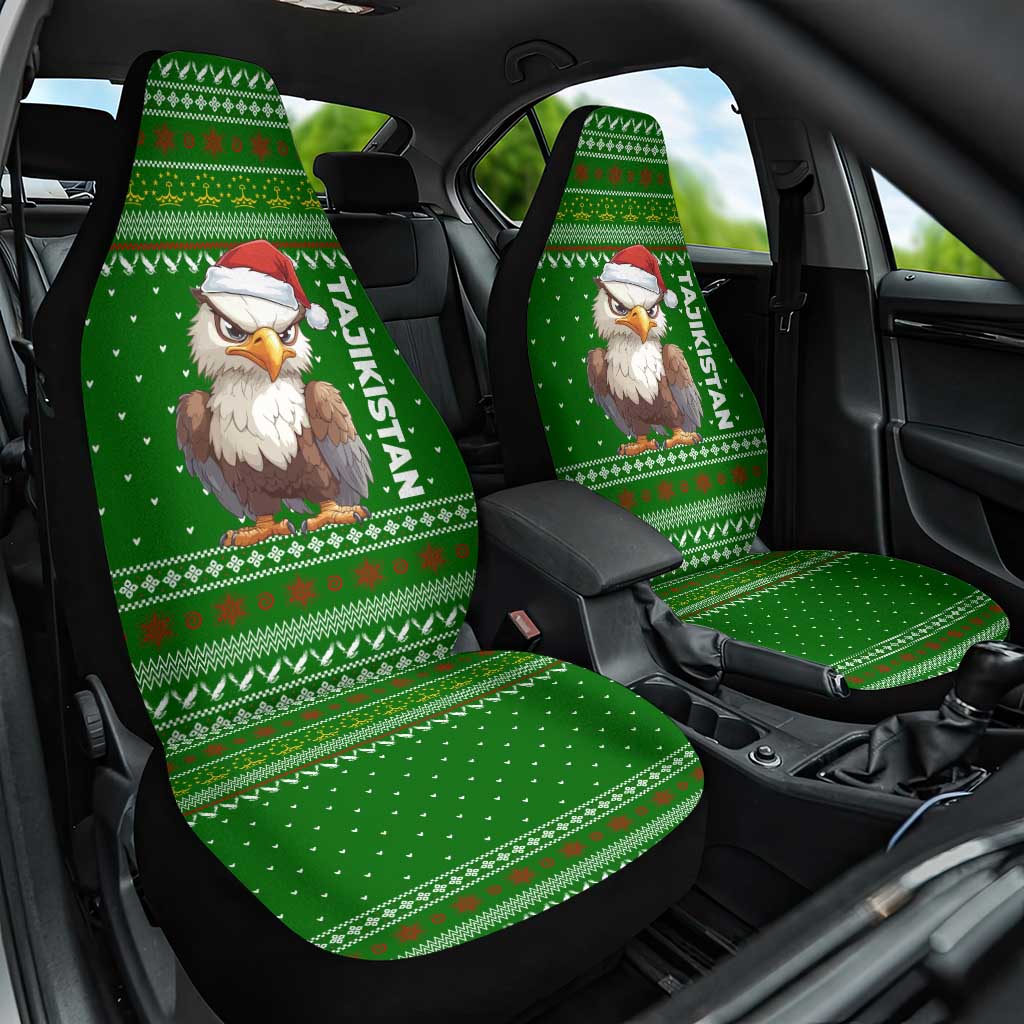 Tajikistan Christmas Car Seat Cover with Santa Hat Eagle Green Snowflake Pattern and Holiday Design - Wonder Print Shop