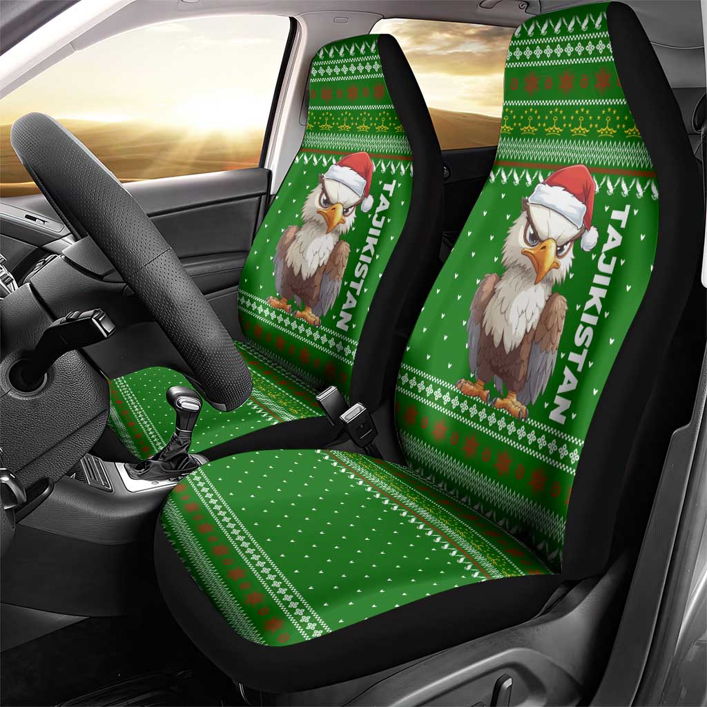 Tajikistan Christmas Car Seat Cover with Santa Hat Eagle Green Snowflake Pattern and Holiday Design - Wonder Print Shop