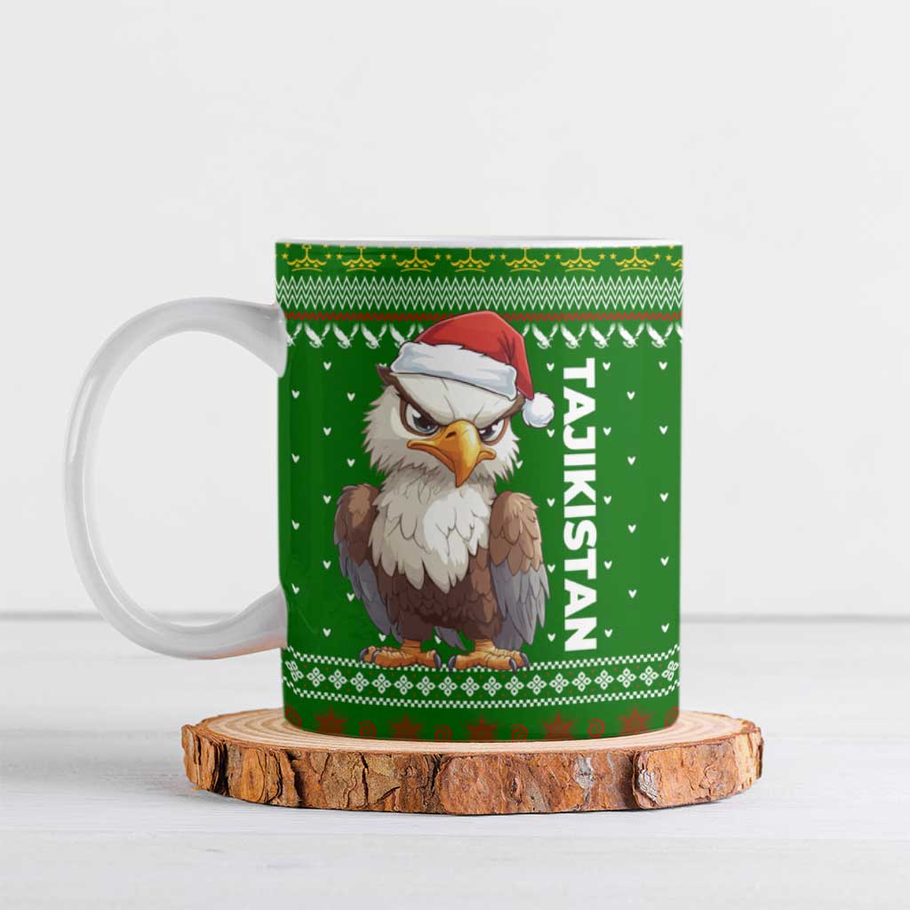 Tajikistan Christmas Ceramic Mug with Santa Hat Eagle Green Snowflake Pattern and Holiday Design - Wonder Print Shop