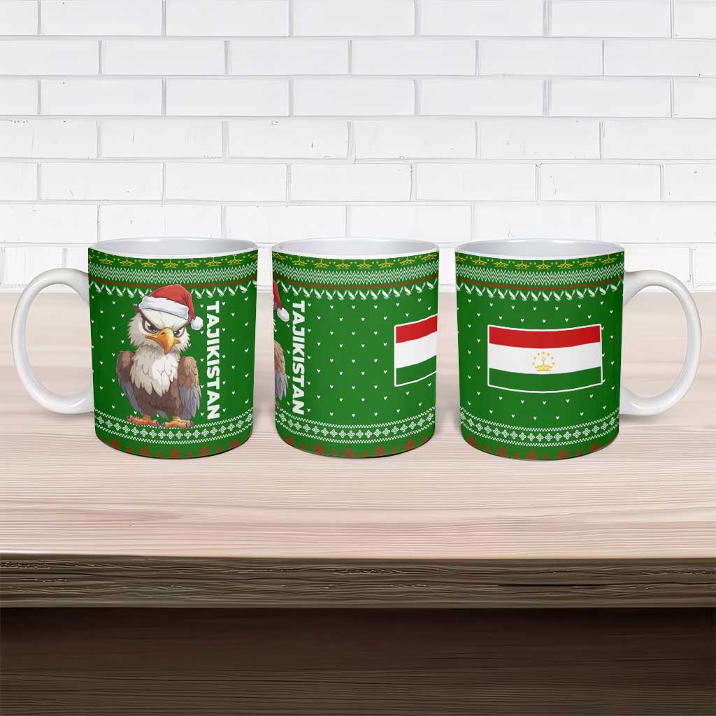Tajikistan Christmas Ceramic Mug with Santa Hat Eagle Green Snowflake Pattern and Holiday Design - Wonder Print Shop