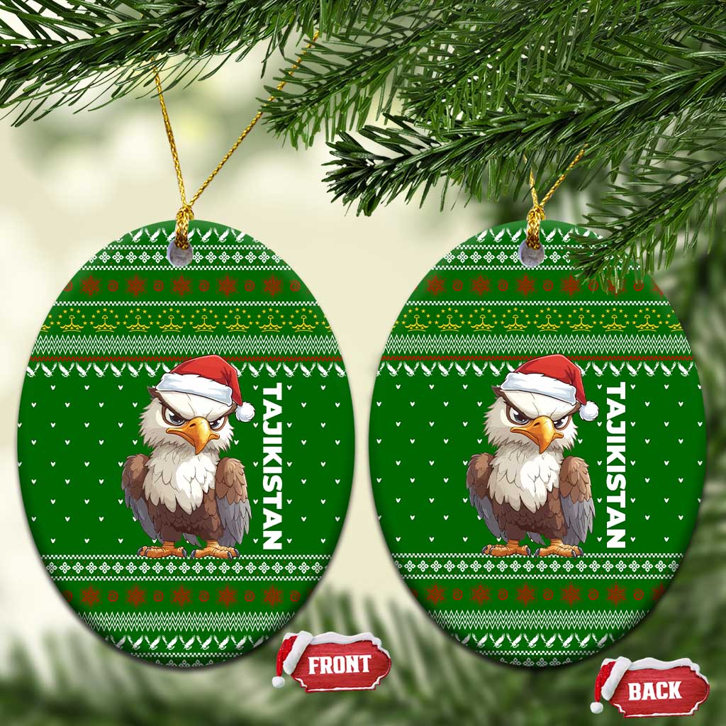 Tajikistan Christmas Ceramic Ornament with Santa Hat Eagle Green Snowflake Pattern and Holiday Design - Wonder Print Shop