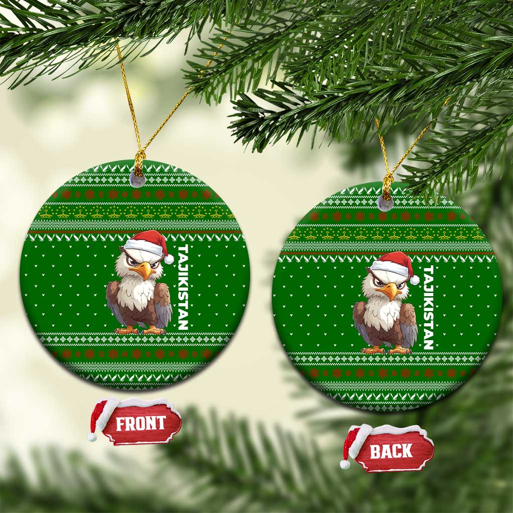 Tajikistan Christmas Ceramic Ornament with Santa Hat Eagle Green Snowflake Pattern and Holiday Design - Wonder Print Shop