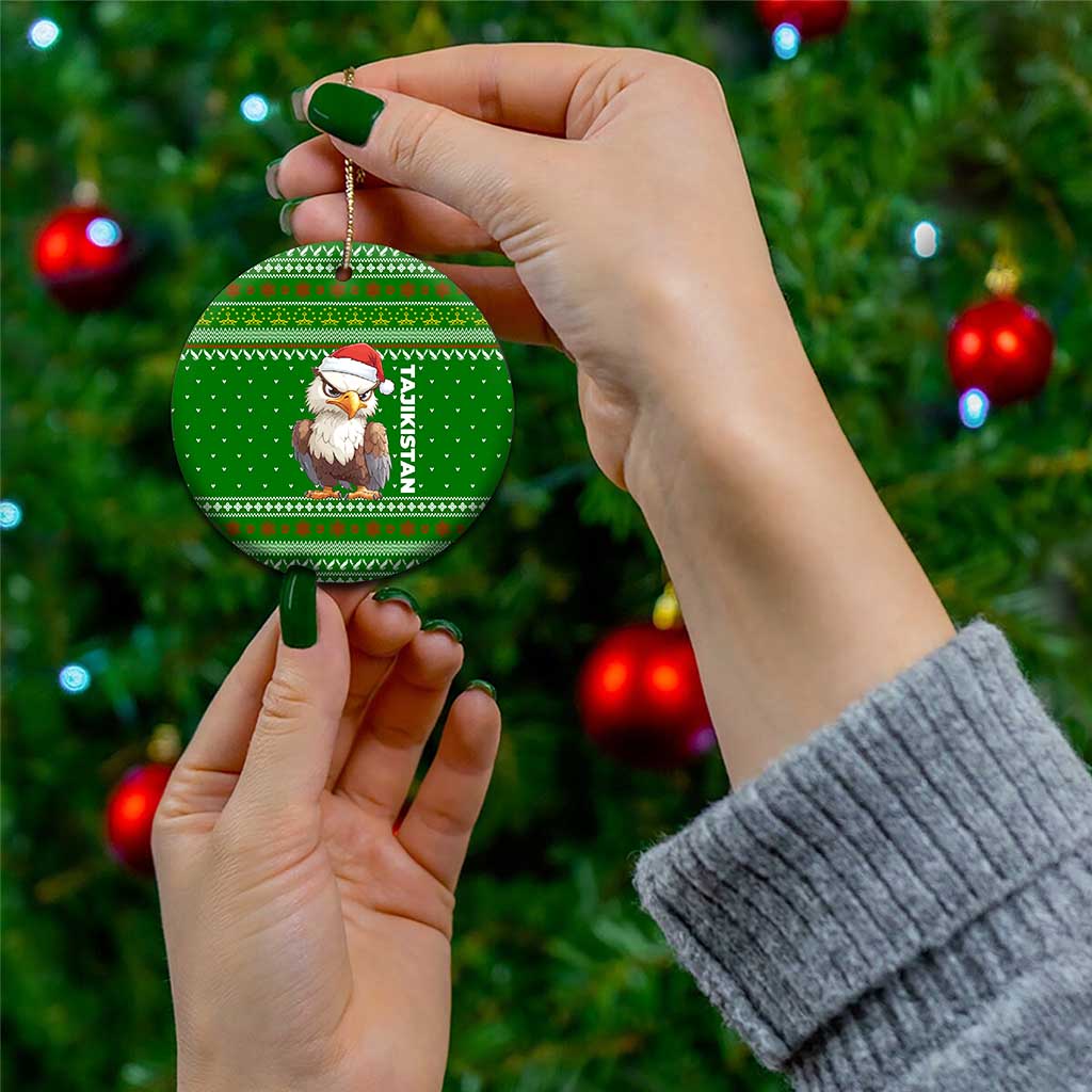 Tajikistan Christmas Ceramic Ornament with Santa Hat Eagle Green Snowflake Pattern and Holiday Design - Wonder Print Shop