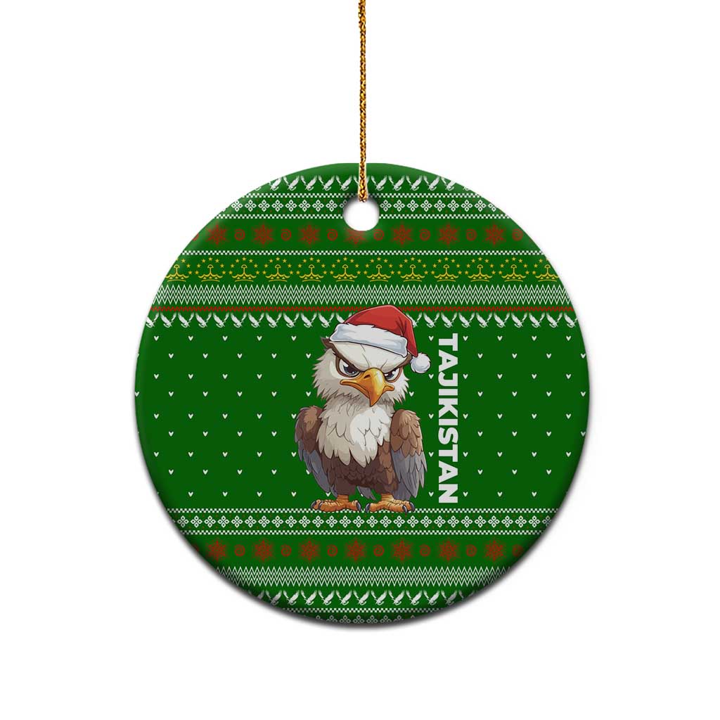 Tajikistan Christmas Ceramic Ornament with Santa Hat Eagle Green Snowflake Pattern and Holiday Design - Wonder Print Shop