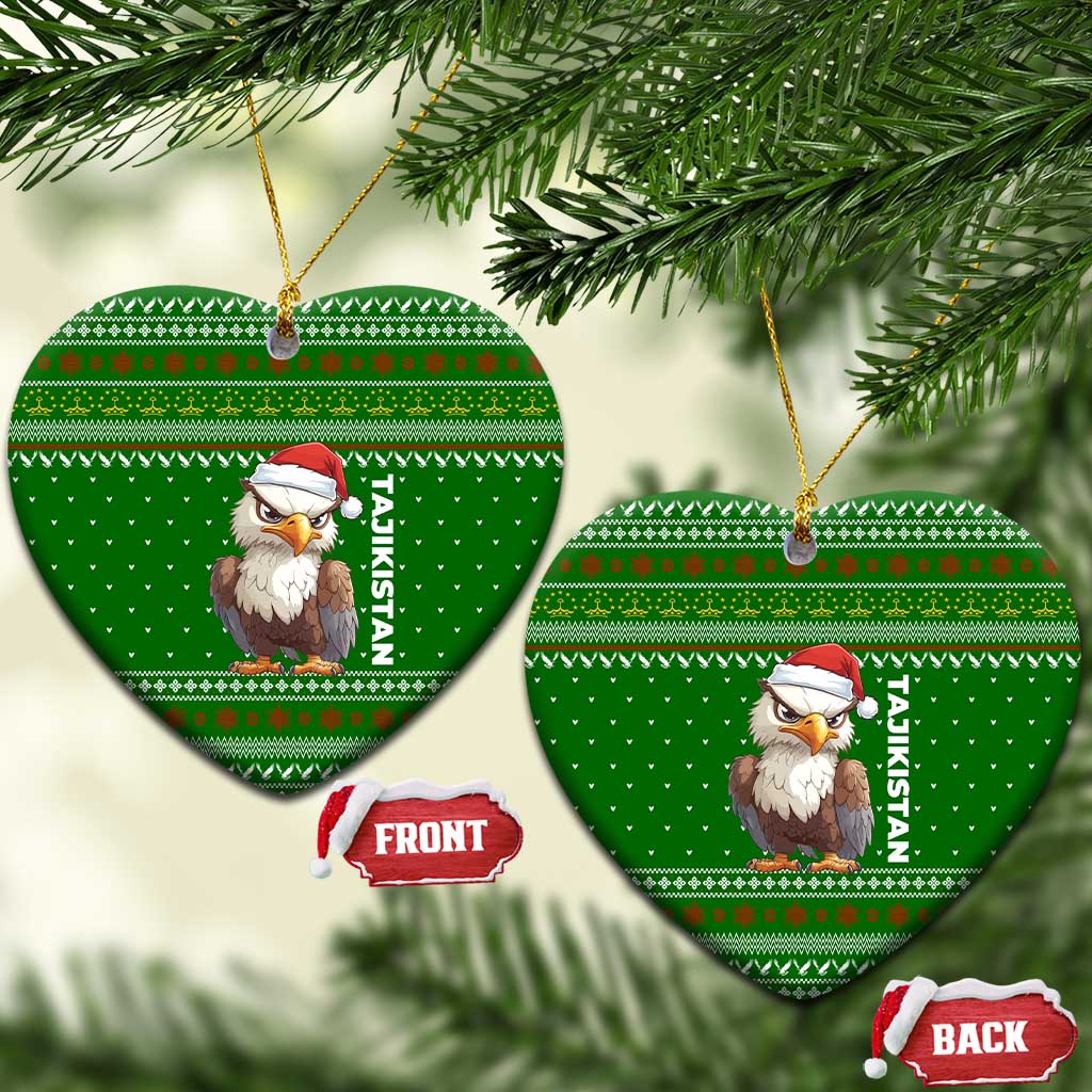 Tajikistan Christmas Ceramic Ornament with Santa Hat Eagle Green Snowflake Pattern and Holiday Design - Wonder Print Shop