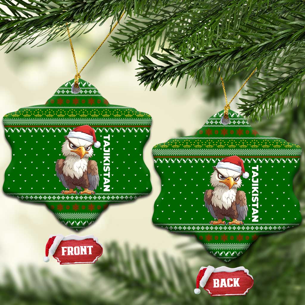 Tajikistan Christmas Ceramic Ornament with Santa Hat Eagle Green Snowflake Pattern and Holiday Design - Wonder Print Shop
