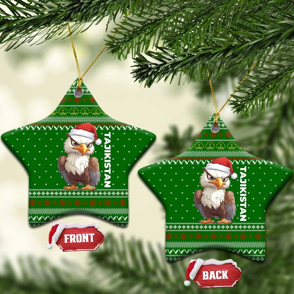 Tajikistan Christmas Ceramic Ornament with Santa Hat Eagle Green Snowflake Pattern and Holiday Design - Wonder Print Shop