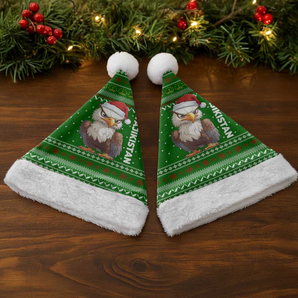 Tajikistan Christmas Santa Hat with Santa Hat Eagle Green Snowflake Pattern and Holiday Design - Wonder Print Shop