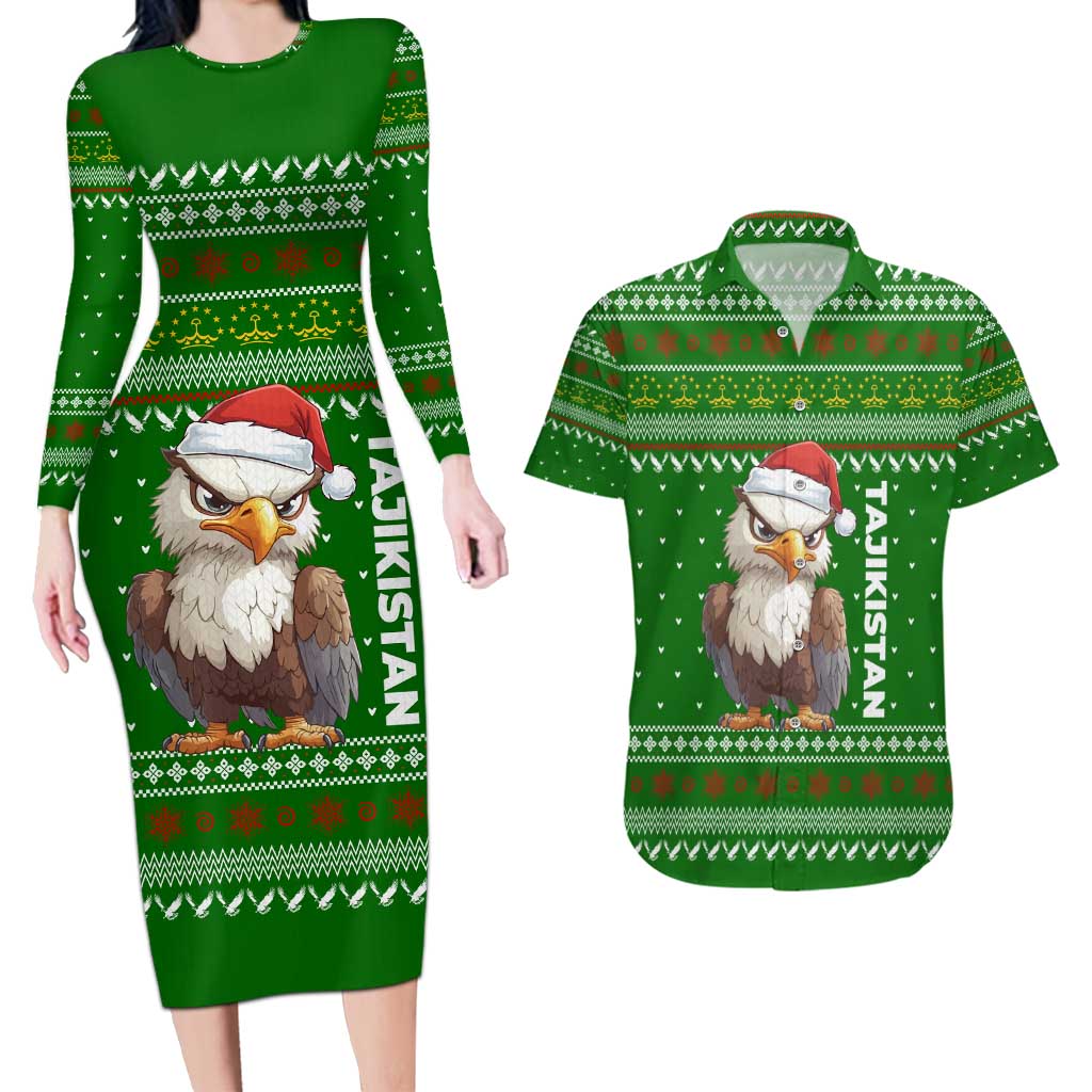 Tajikistan Christmas Couples Matching Long Sleeve Bodycon Dress and Hawaiian Shirt with Santa Hat Eagle Green Snowflake Pattern and Holiday Design - Wonder Print Shop