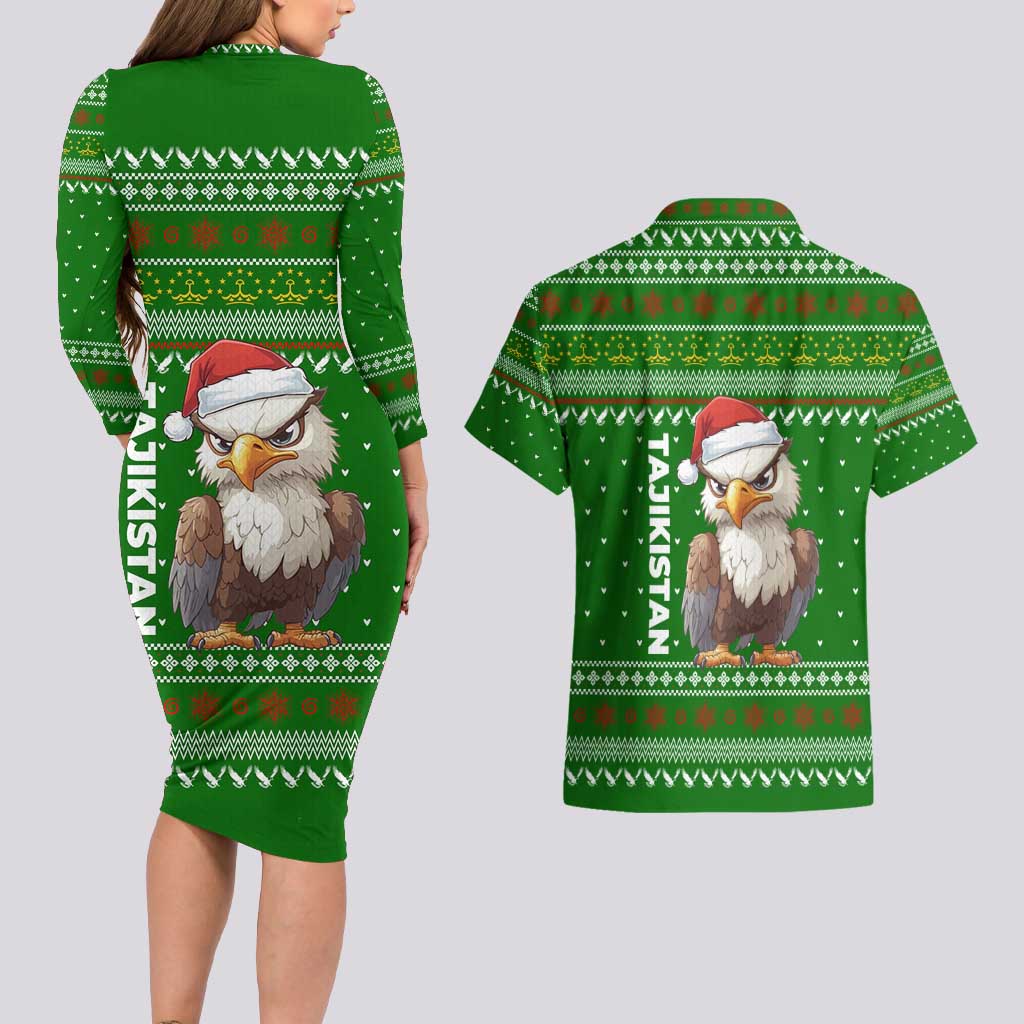 Tajikistan Christmas Couples Matching Long Sleeve Bodycon Dress and Hawaiian Shirt with Santa Hat Eagle Green Snowflake Pattern and Holiday Design - Wonder Print Shop