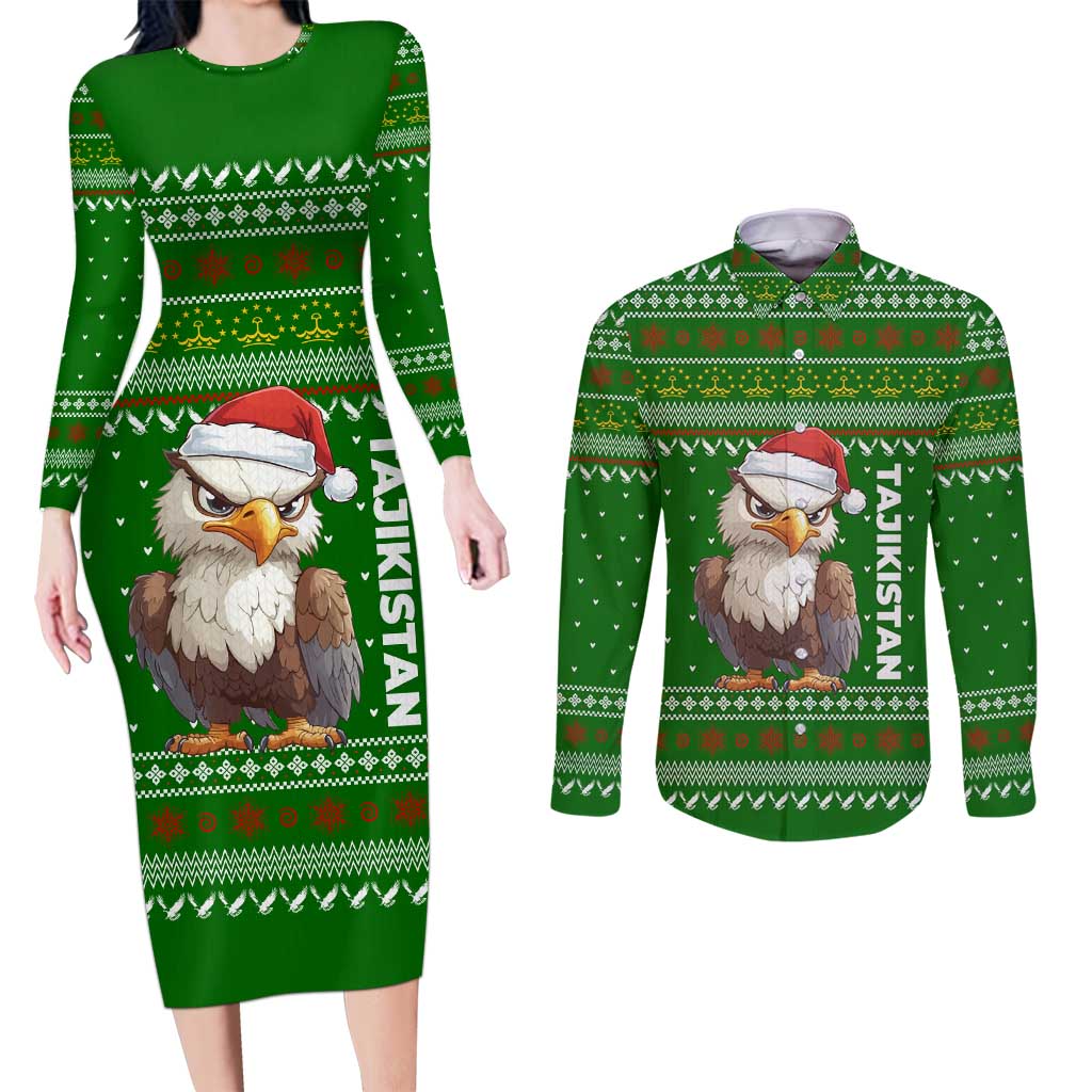 Tajikistan Christmas Couples Matching Long Sleeve Bodycon Dress and Long Sleeve Button Shirt with Santa Hat Eagle Green Snowflake Pattern and Holiday Design - Wonder Print Shop