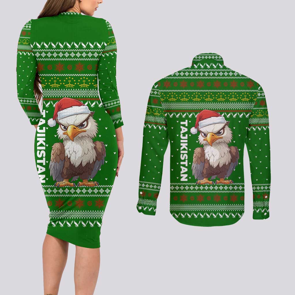 Tajikistan Christmas Couples Matching Long Sleeve Bodycon Dress and Long Sleeve Button Shirt with Santa Hat Eagle Green Snowflake Pattern and Holiday Design - Wonder Print Shop