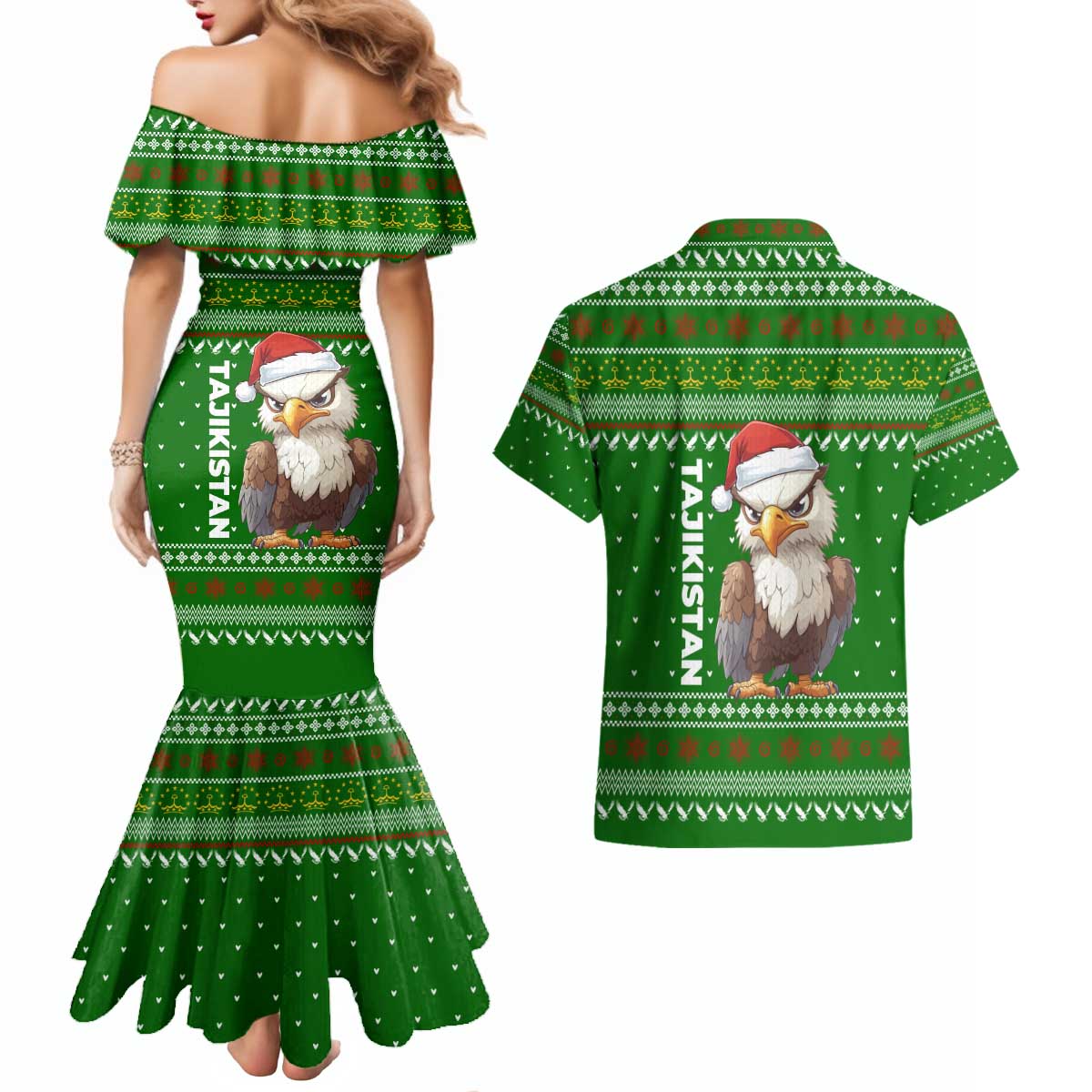 Tajikistan Christmas Couples Matching Mermaid Dress and Hawaiian Shirt with Santa Hat Eagle Green Snowflake Pattern and Holiday Design - Wonder Print Shop