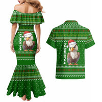 Tajikistan Christmas Couples Matching Mermaid Dress and Hawaiian Shirt with Santa Hat Eagle Green Snowflake Pattern and Holiday Design - Wonder Print Shop