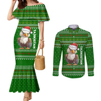 Tajikistan Christmas Couples Matching Mermaid Dress and Long Sleeve Button Shirt with Santa Hat Eagle Green Snowflake Pattern and Holiday Design - Wonder Print Shop