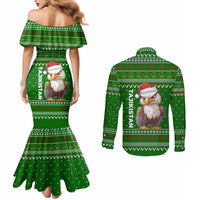 Tajikistan Christmas Couples Matching Mermaid Dress and Long Sleeve Button Shirt with Santa Hat Eagle Green Snowflake Pattern and Holiday Design - Wonder Print Shop