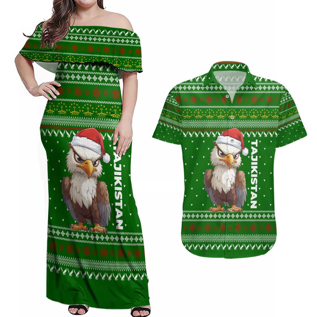 Tajikistan Christmas Couples Matching Off Shoulder Maxi Dress and Hawaiian Shirt with Santa Hat Eagle Green Snowflake Pattern and Holiday Design - Wonder Print Shop