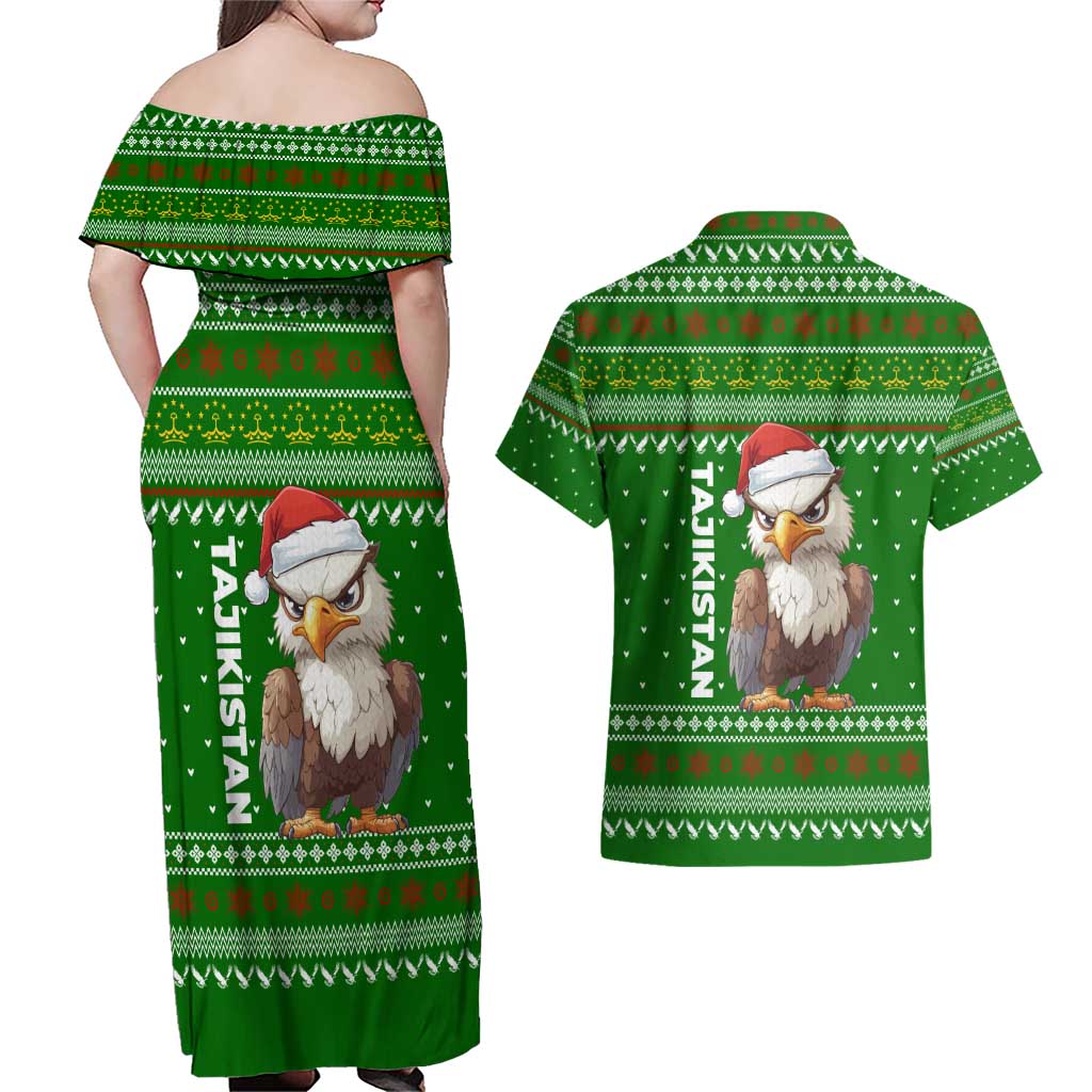 Tajikistan Christmas Couples Matching Off Shoulder Maxi Dress and Hawaiian Shirt with Santa Hat Eagle Green Snowflake Pattern and Holiday Design - Wonder Print Shop