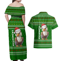 Tajikistan Christmas Couples Matching Off Shoulder Maxi Dress and Hawaiian Shirt with Santa Hat Eagle Green Snowflake Pattern and Holiday Design - Wonder Print Shop