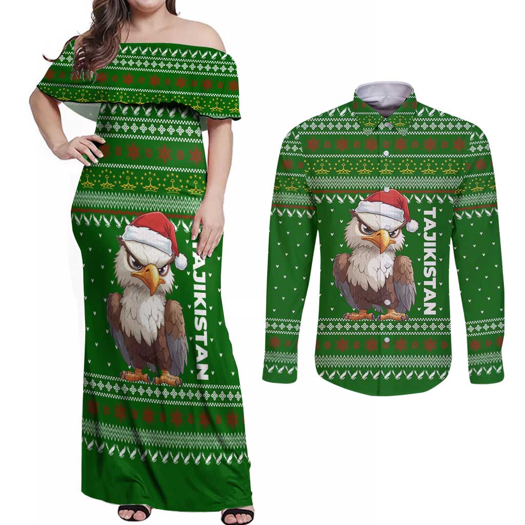 Tajikistan Christmas Couples Matching Off Shoulder Maxi Dress and Long Sleeve Button Shirt with Santa Hat Eagle Green Snowflake Pattern and Holiday Design - Wonder Print Shop