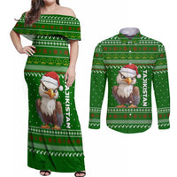 Tajikistan Christmas Couples Matching Off Shoulder Maxi Dress and Long Sleeve Button Shirt with Santa Hat Eagle Green Snowflake Pattern and Holiday Design - Wonder Print Shop