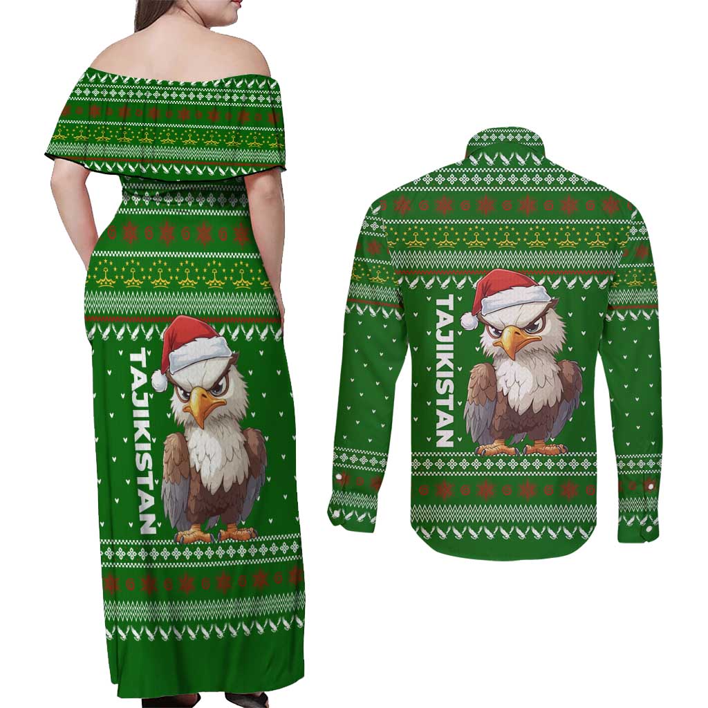 Tajikistan Christmas Couples Matching Off Shoulder Maxi Dress and Long Sleeve Button Shirt with Santa Hat Eagle Green Snowflake Pattern and Holiday Design - Wonder Print Shop