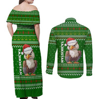 Tajikistan Christmas Couples Matching Off Shoulder Maxi Dress and Long Sleeve Button Shirt with Santa Hat Eagle Green Snowflake Pattern and Holiday Design - Wonder Print Shop