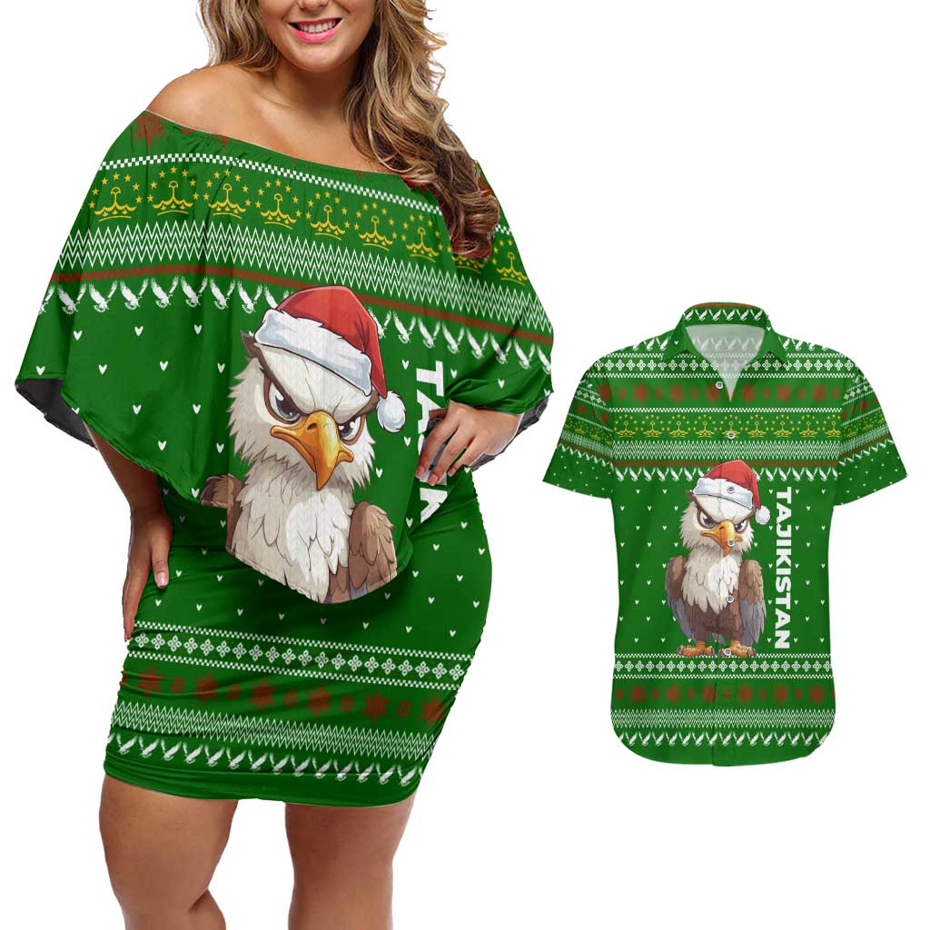 Tajikistan Christmas Couples Matching Off Shoulder Short Dress and Hawaiian Shirt with Santa Hat Eagle Green Snowflake Pattern and Holiday Design - Wonder Print Shop