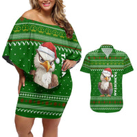 Tajikistan Christmas Couples Matching Off Shoulder Short Dress and Hawaiian Shirt with Santa Hat Eagle Green Snowflake Pattern and Holiday Design - Wonder Print Shop