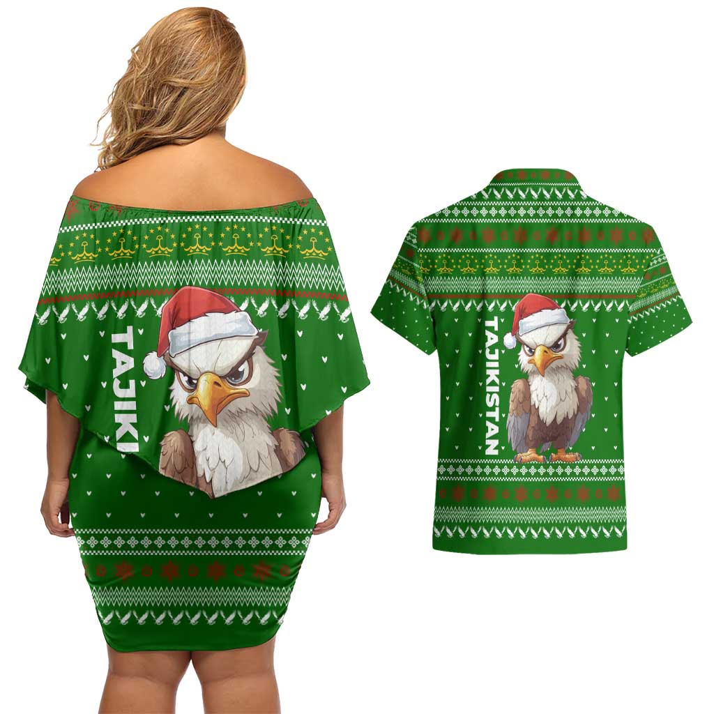 Tajikistan Christmas Couples Matching Off Shoulder Short Dress and Hawaiian Shirt with Santa Hat Eagle Green Snowflake Pattern and Holiday Design - Wonder Print Shop