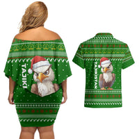Tajikistan Christmas Couples Matching Off Shoulder Short Dress and Hawaiian Shirt with Santa Hat Eagle Green Snowflake Pattern and Holiday Design - Wonder Print Shop