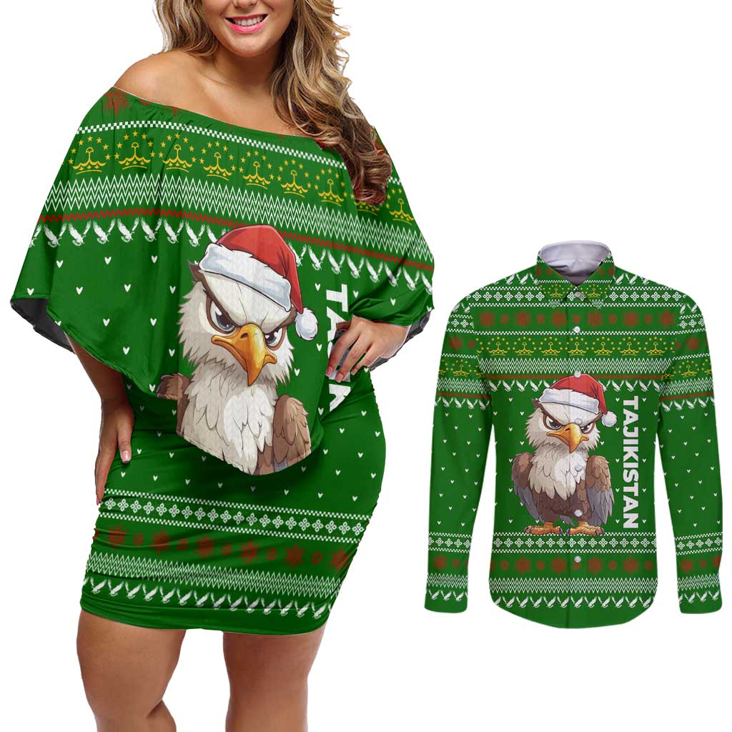 Tajikistan Christmas Couples Matching Off Shoulder Short Dress and Long Sleeve Button Shirt with Santa Hat Eagle Green Snowflake Pattern and Holiday Design - Wonder Print Shop
