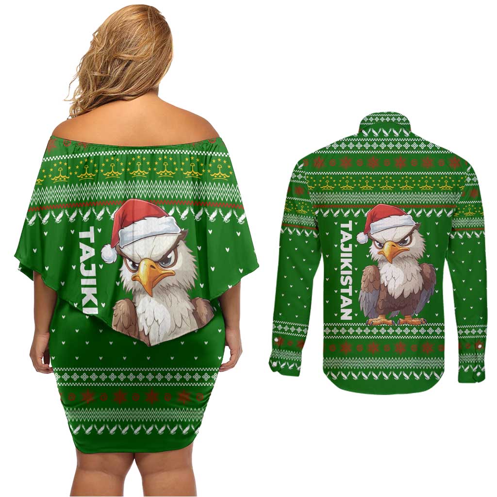 Tajikistan Christmas Couples Matching Off Shoulder Short Dress and Long Sleeve Button Shirt with Santa Hat Eagle Green Snowflake Pattern and Holiday Design - Wonder Print Shop