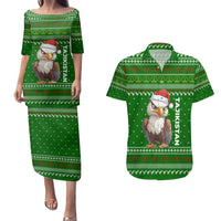 Tajikistan Christmas Couples Matching Puletasi and Hawaiian Shirt with Santa Hat Eagle Green Snowflake Pattern and Holiday Design - Wonder Print Shop