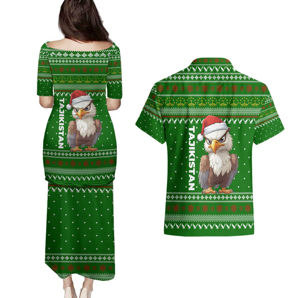 Tajikistan Christmas Couples Matching Puletasi and Hawaiian Shirt with Santa Hat Eagle Green Snowflake Pattern and Holiday Design - Wonder Print Shop