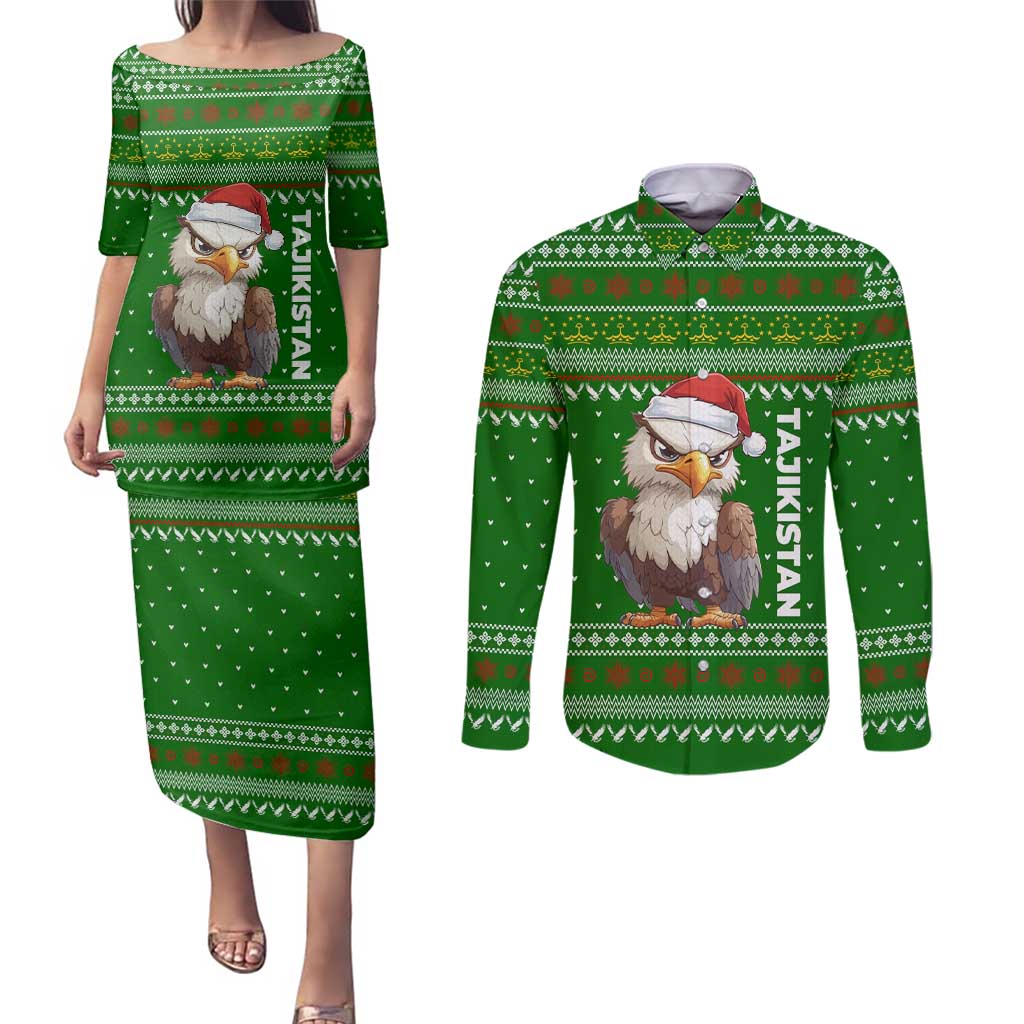 Tajikistan Christmas Couples Matching Puletasi and Long Sleeve Button Shirt with Santa Hat Eagle Green Snowflake Pattern and Holiday Design - Wonder Print Shop