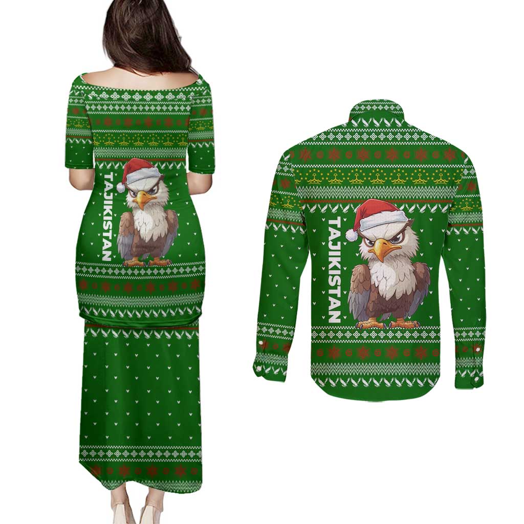 Tajikistan Christmas Couples Matching Puletasi and Long Sleeve Button Shirt with Santa Hat Eagle Green Snowflake Pattern and Holiday Design - Wonder Print Shop