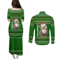 Tajikistan Christmas Couples Matching Puletasi and Long Sleeve Button Shirt with Santa Hat Eagle Green Snowflake Pattern and Holiday Design - Wonder Print Shop