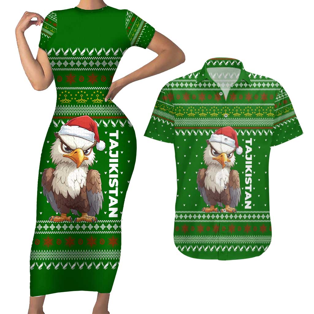 Tajikistan Christmas Couples Matching Short Sleeve Bodycon Dress and Hawaiian Shirt with Santa Hat Eagle Green Snowflake Pattern and Holiday Design - Wonder Print Shop