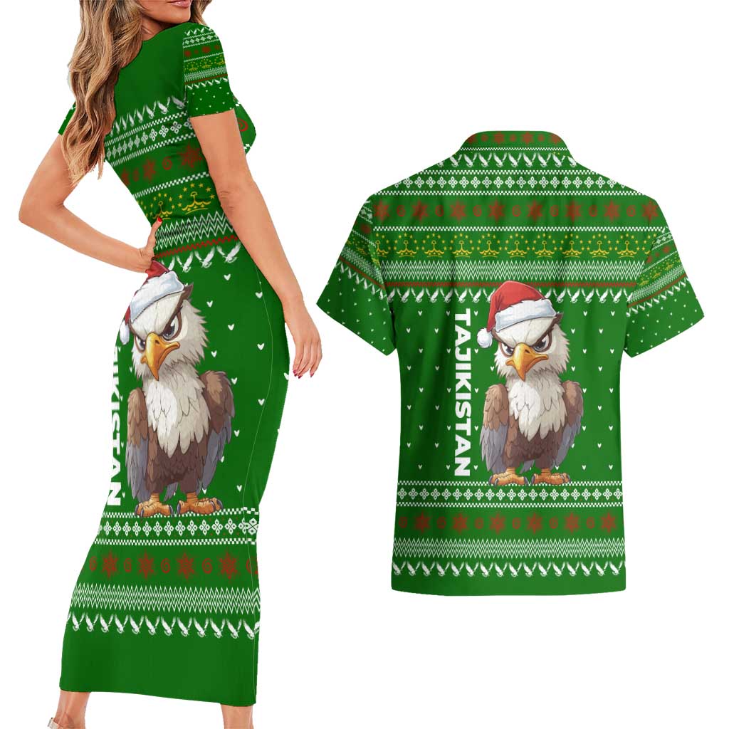 Tajikistan Christmas Couples Matching Short Sleeve Bodycon Dress and Hawaiian Shirt with Santa Hat Eagle Green Snowflake Pattern and Holiday Design - Wonder Print Shop