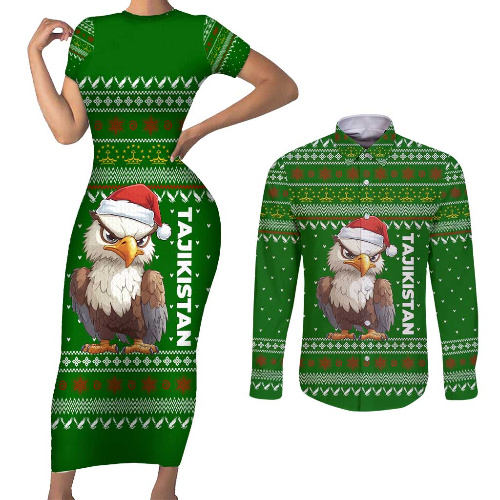 Tajikistan Christmas Couples Matching Short Sleeve Bodycon Dress and Long Sleeve Button Shirt with Santa Hat Eagle Green Snowflake Pattern and Holiday Design - Wonder Print Shop