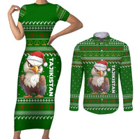 Tajikistan Christmas Couples Matching Short Sleeve Bodycon Dress and Long Sleeve Button Shirt with Santa Hat Eagle Green Snowflake Pattern and Holiday Design - Wonder Print Shop